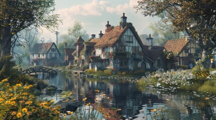 Fototapeta premium A serene morning in a quaint English countryside village. 