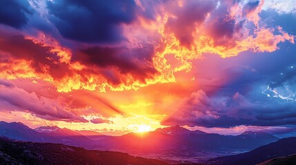 Vibrant sunset over majestic mountains.