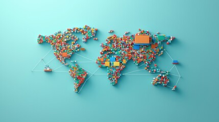 Logistics and Supply Chain Networks Cargo ships, trucks, and trains connected by lines on a world map, representing the interconnectedness of global trade and logistics.