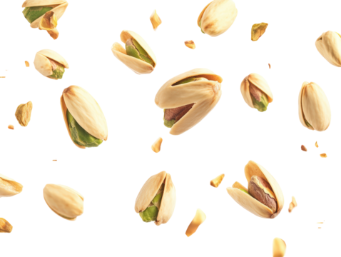 Isolated Flying Pistachios with Shells and Pieces