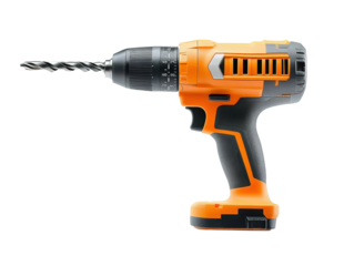 Isolated Orange and Gray Cordless Drill with Twist Drill Bit Side View