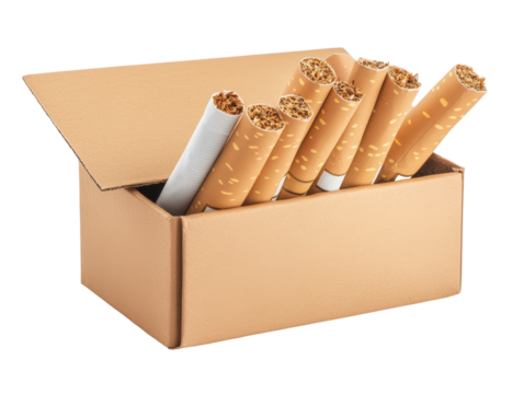 Isolated Cigarette Pack Open in Cardboard Box