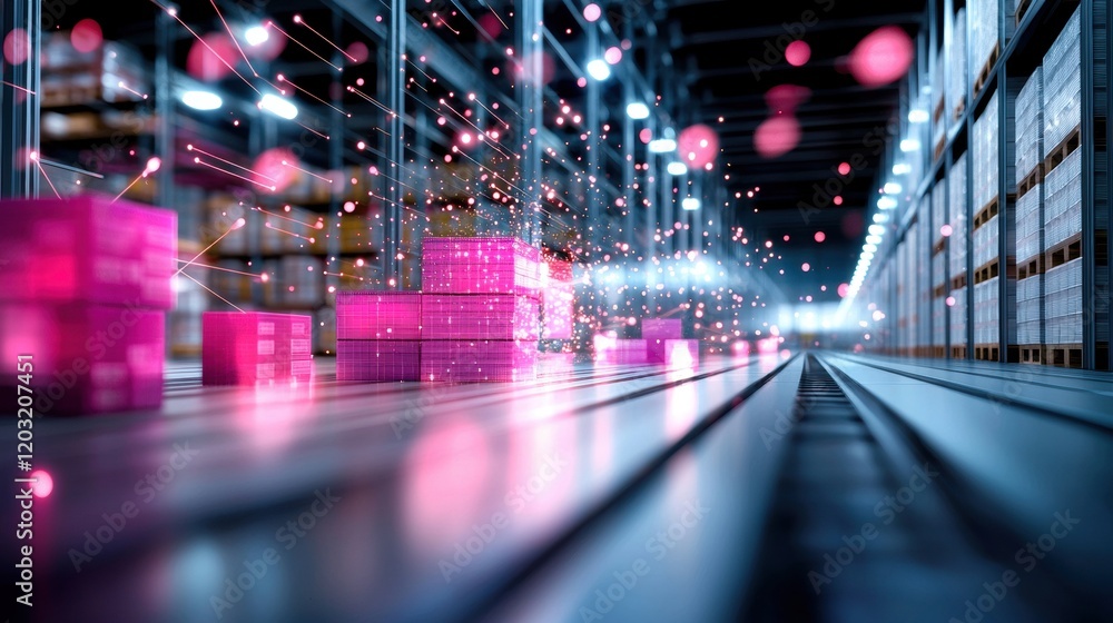 Poster data analytics for warehouses a 3d model of a warehouse with data overlays showing inventory distrib