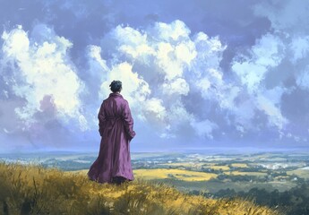 Person in purple robe contemplates vast landscape under dramatic sky.