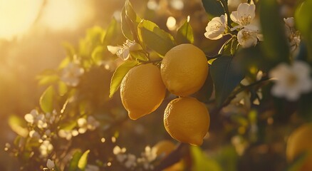 Ripe lemons on a tree branch with blossoms at sunset.