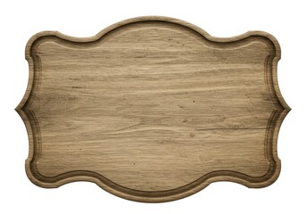 A rustic wooden signboard with a decorative curved frame and horizontal wood grain texture isolated on white background
