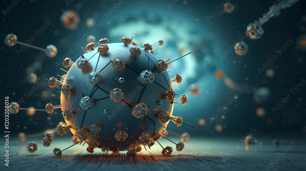 Aufkleber of a planet earth globe surrounded by a chain of virus particles and warning symbols representing a 