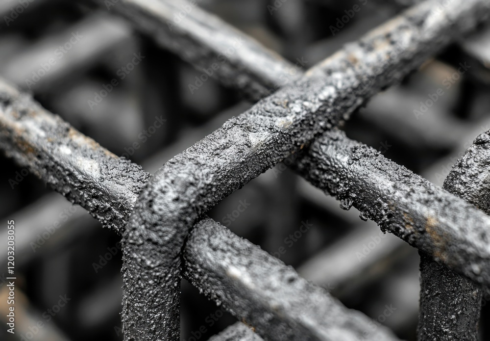 Poster close-up of industrial metal grid structure featuring textured black surface and intricate cross pat