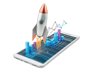Isolated Rocket Launching from Mobile Phone with Charts