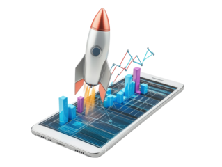 Isolated Rocket Launching from Mobile Phone with Charts