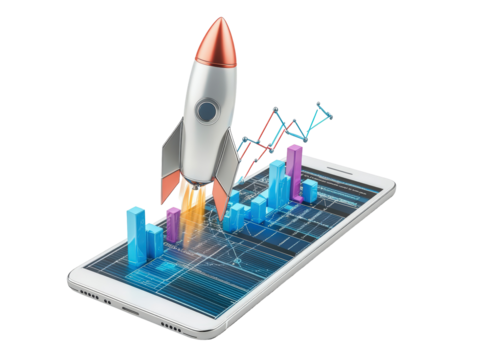 Isolated Rocket Launching from Mobile Phone with Charts