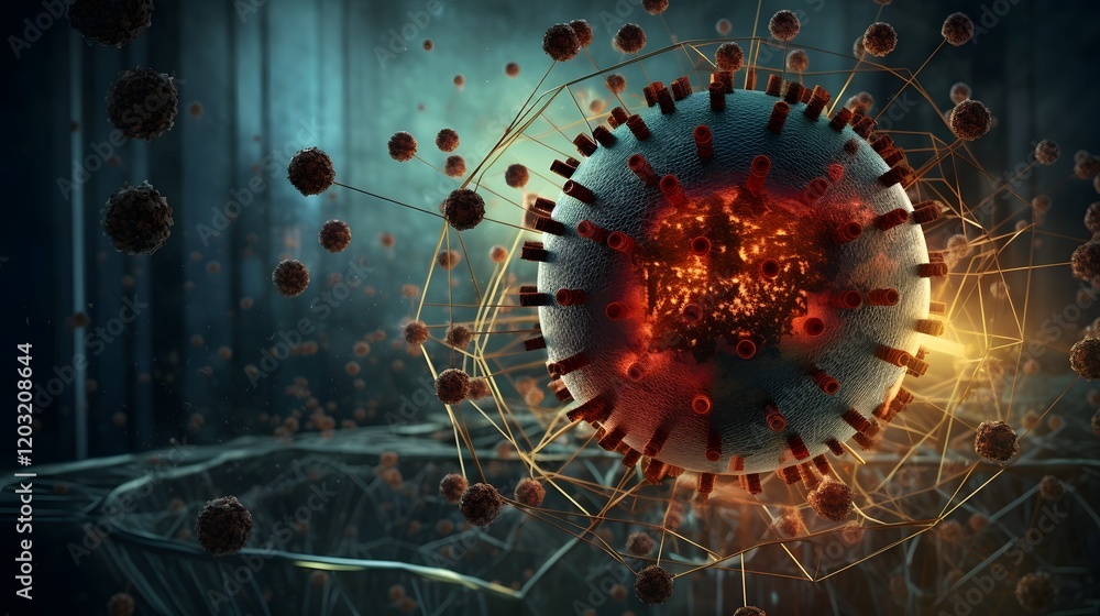 Aufkleber of a globe surrounded by a chain of virus particles and various warning signs depicting the global i