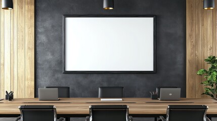 Simple office setup with blank frame on the wall, accented by wood and black tones.