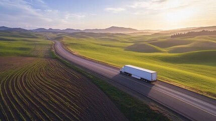 White semi-truck drives on a scenic highway through rolling green hills at sunrise.