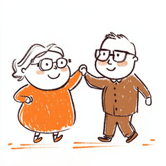 Elderly couple dancing joyfully, showcasing love and companionship. Their playful expressions and vibrant clothing highlight warm, affectionate moment together