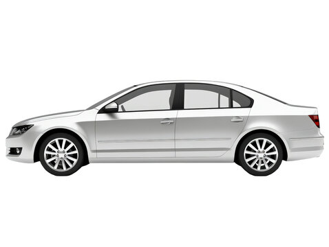Isolated White Sedan Car Side View on White Background