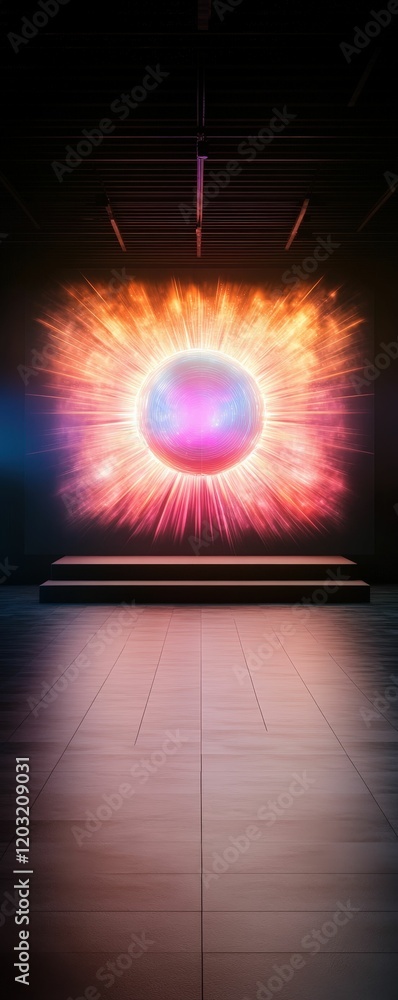 Poster a vibrant, abstract display featuring a glowing orb surrounded by radiant colors, set against a dark
