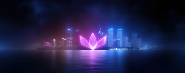 A vibrant city skyline at night illuminated by a glowing pink lotus flower, reflecting on the water, creating a serene and enchanting atmosphere.