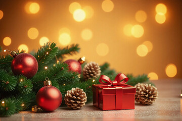 warm golden bokeh background with fir branches red ornaments