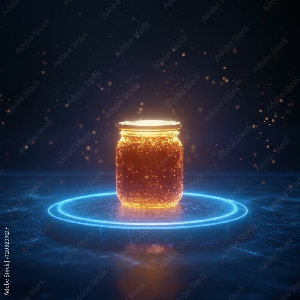 Poster a glowing jar filled with a sparkling substance, set on a circular blue platform against a dark back