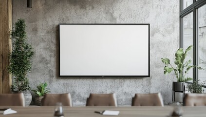 Contemporary conference room with blank screen and elegant furnishings.