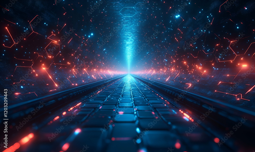 Poster cybernetic keyboard tunnel, digital data stream