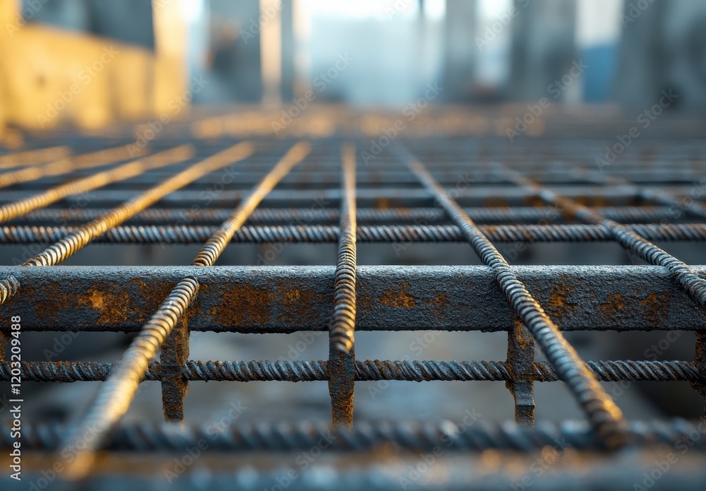 Poster close-up view of rusty steel reinforcement bar grid with shimmering sunlight, showcasing industrial 