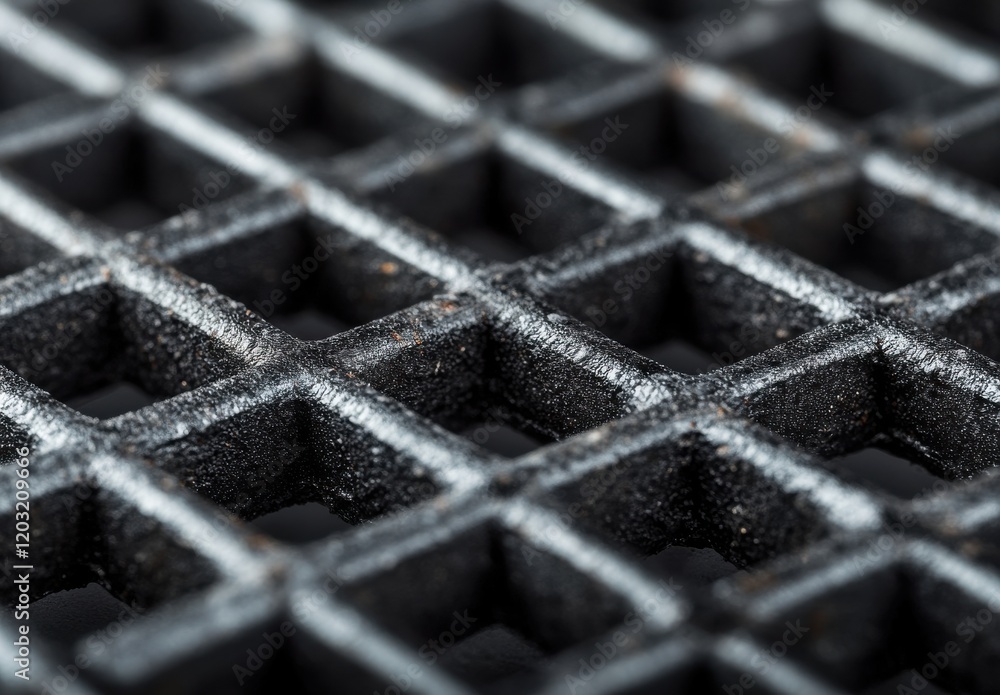 Poster close-up view of textured metal grid pattern showing intricate details and rugged surface, suitable 