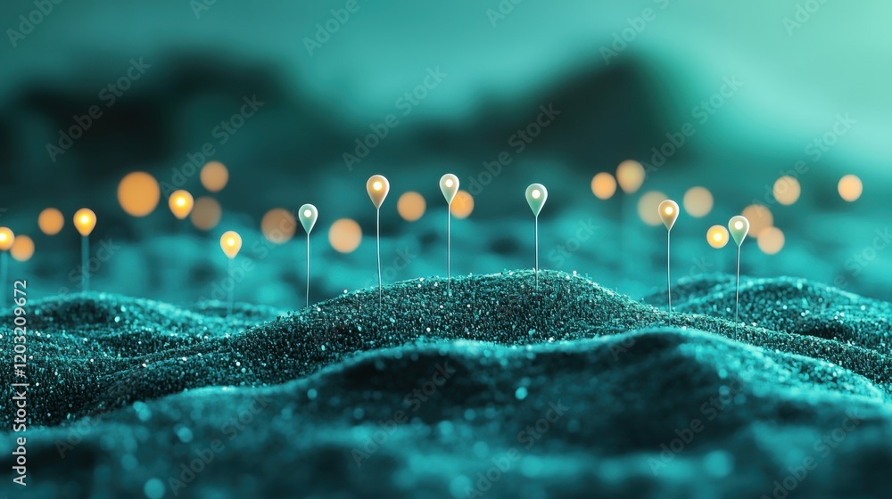 Poster location pins abstract representation of a location pin with digital coordinates and data points, sy