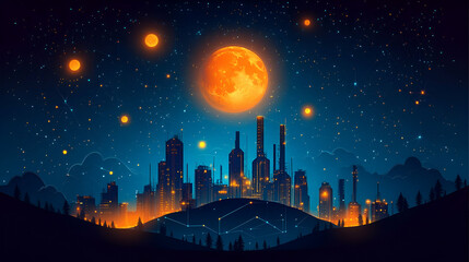 Fototapeta premium Orange moonlit futuristic city skyline