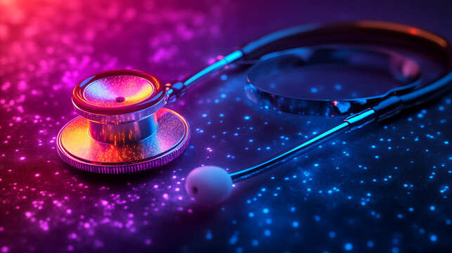 Stethoscope illuminated by neon lights creating futuristic medical concept with vibrant colors for healthcare technology innovation