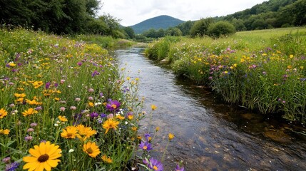 Idyllic creek flows through wildflowers, mountain backdrop; nature scene for calming visuals