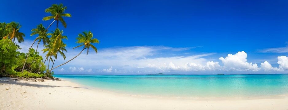 Beautiful tropical island with palm trees and beach panorama as background image