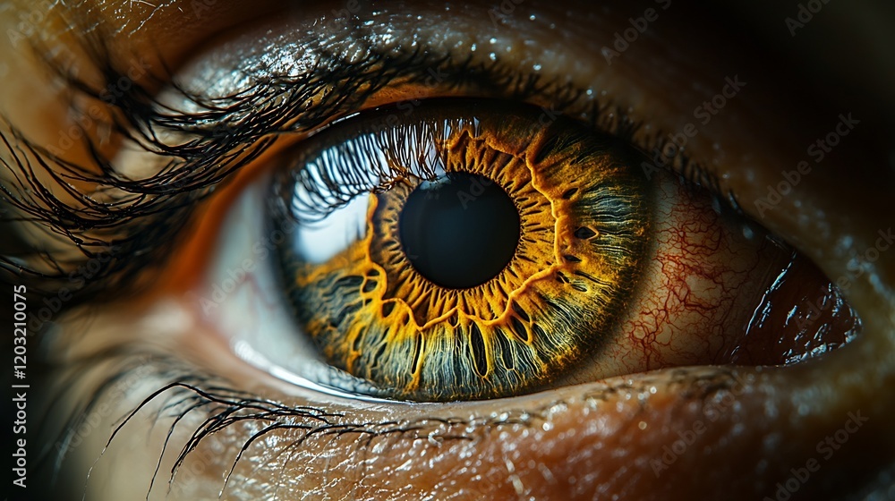 Poster closeup view of a human eyeball emphasizing the eye iris and the rich brown color of the cornea capt