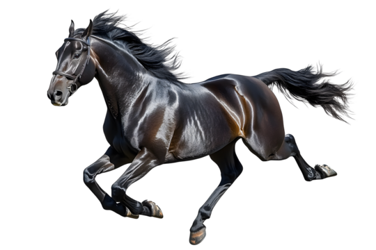 Black horse running gallop isolated on transparent background