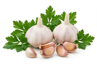 Whole garlic bulbs, garlic cloves, and fresh green parsley leaves arranged neatly isolated on a white background