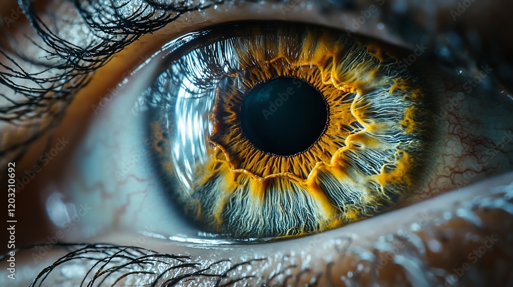 Poster closeup view of a human eyeball emphasizing the eye iris and the rich brown color of the cornea capt