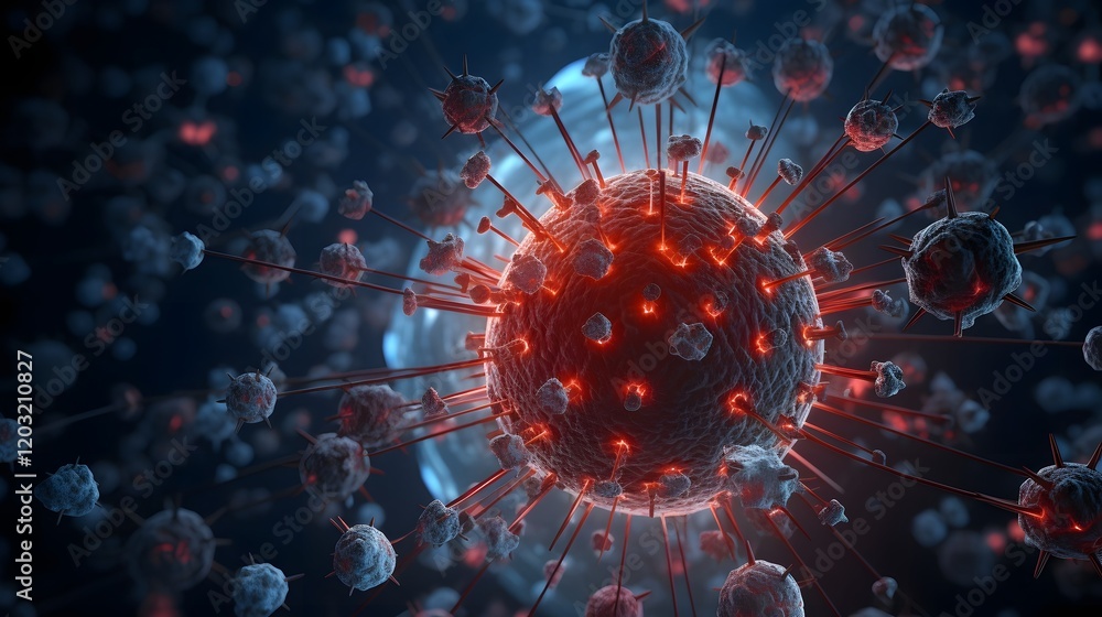 Poster viral particles dividing and dispersing across a minimalist world map background representing the gl
