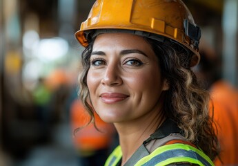 Confident female construction worker wearing an orange safety helmet and reflective vest smiles during a busy construction site, showcasing empowerment and teamwork in her profession.