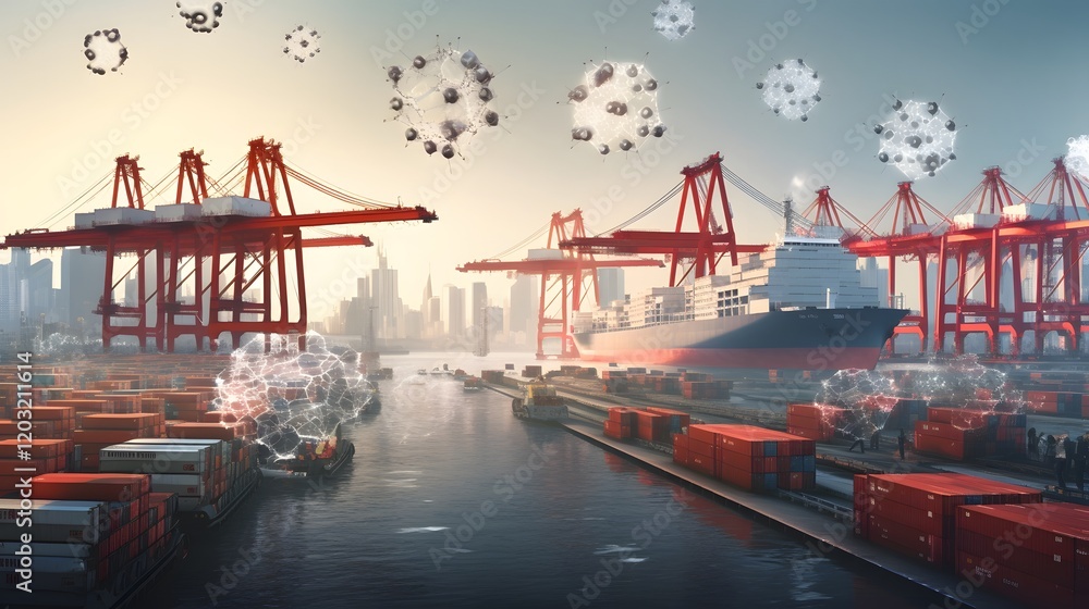 Poster bustling chinese port with busy shipping activities and container terminals virus graphics are overl
