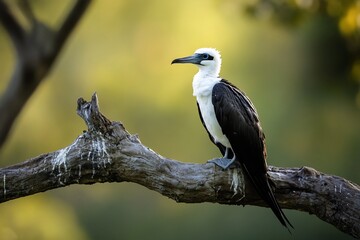 Obraz premium Magnificent frigatebird perched on a weathered branch, showcasing its striking black and white plumage against a blurred natural backdrop.