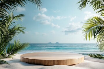 Wooden round podium on sandy beach with ocean view and palm trees.