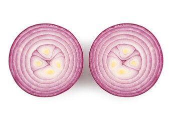 Two fresh red onion halves showing detailed concentric layers, isolated on a white background