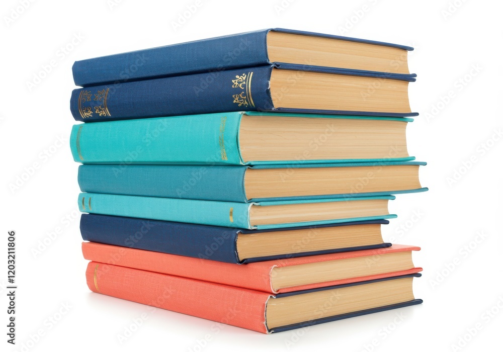 Poster a neat stack of hardcover books in different colors with visible spines and pages, isolated on a whi