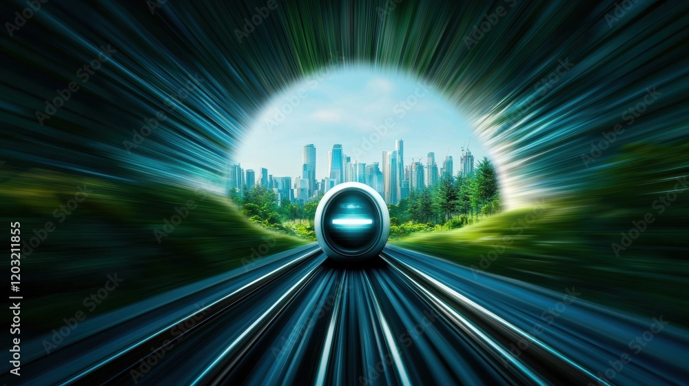 Poster hyperloop train travelling at high speed through a tunnel external view of a hyperloop train emergin