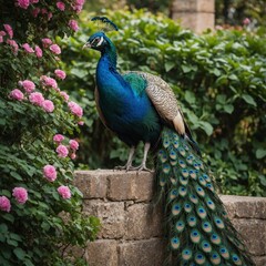 Obraz premium A peacock perched near its nest surrounded by tropical foliage and flowers. A peacock on a tree branch 
