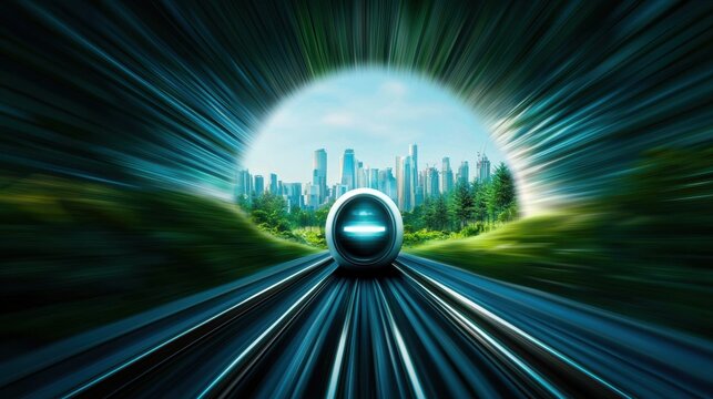 hyperloop train travelling at high speed through a tunnel External view of a hyperloop train emerging from a tunnel into a futuristic cityscape.