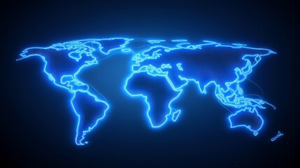Naklejka premium A glowing blue outline of a world map on a dark background.