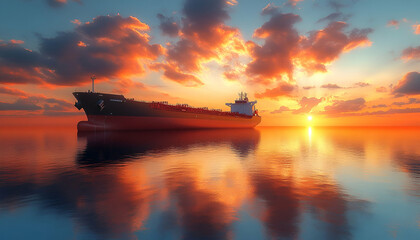 Naklejka premium Container ship sunset ocean cargo transport