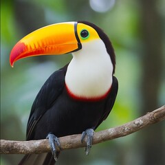 Fototapeta premium Vibrant toucan perched on a branch, showcasing its large colorful beak and plumage against a blurred green background.
